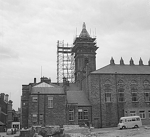 August 1962: Work under way on Morley Town Hall clock tower after the devastating fire in August 1961