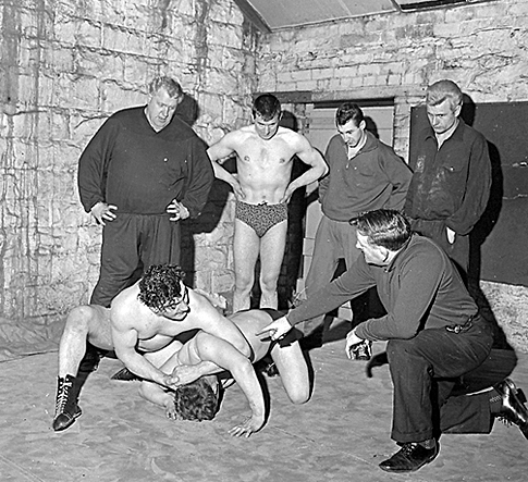 March 1966: Wrestling coach, referee and Morley publican Ernest Baldwin training some of young charges