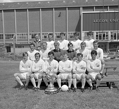July 1969: First Division champions Leeds United display their trophy before the start of the new season