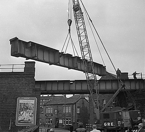 October 1970: Demolishing the railway bridge in Bridge Street, with the once popular Albion Hotel in the background