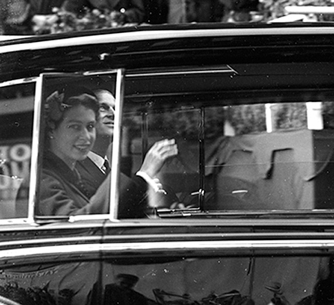 October 1954: The Queen and Prince Philip leaving Morley after their visit to Morley