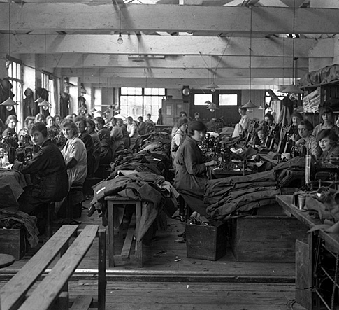 Date unknown: Women at work in a Yorkshire clothing factory.